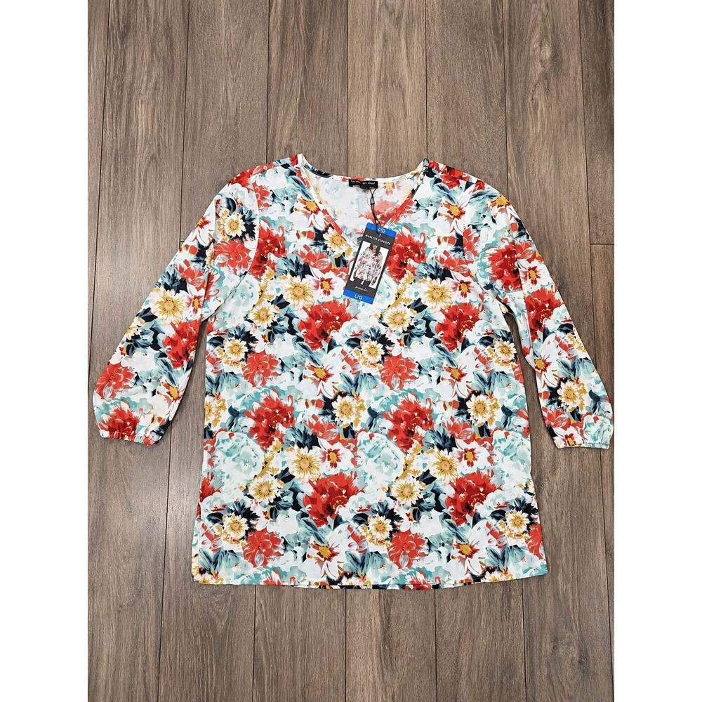 NWT Mario Serrani Italy Womens L Floral V Neck Long Sleeve Blouse Multicolor